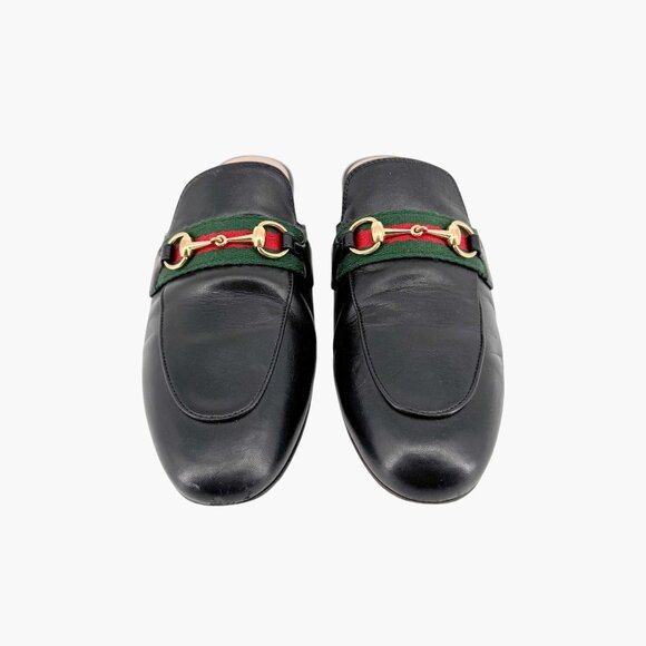 Gucci Princetown Horsebit Loafer Mule EU 38 US 8 Black Leather Flat Web Stripe - Picture 2 of 13
